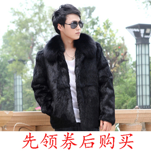 男上衣秋冬新款整皮兔毛皮草外套皮毛一体狐狸毛翻领连帽立领长袖