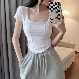 t恤女夏ins长袖 克莱因蓝小众别致绝美短款 心机方领紧身上衣体恤潮