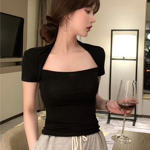 纯棉万能打底衫 性感方领锁骨上衣夏设计感 女春夏内搭小众短款 t恤