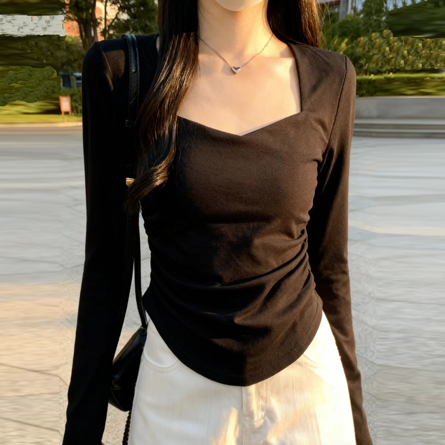 设计感方领长袖t恤女秋冬季新款