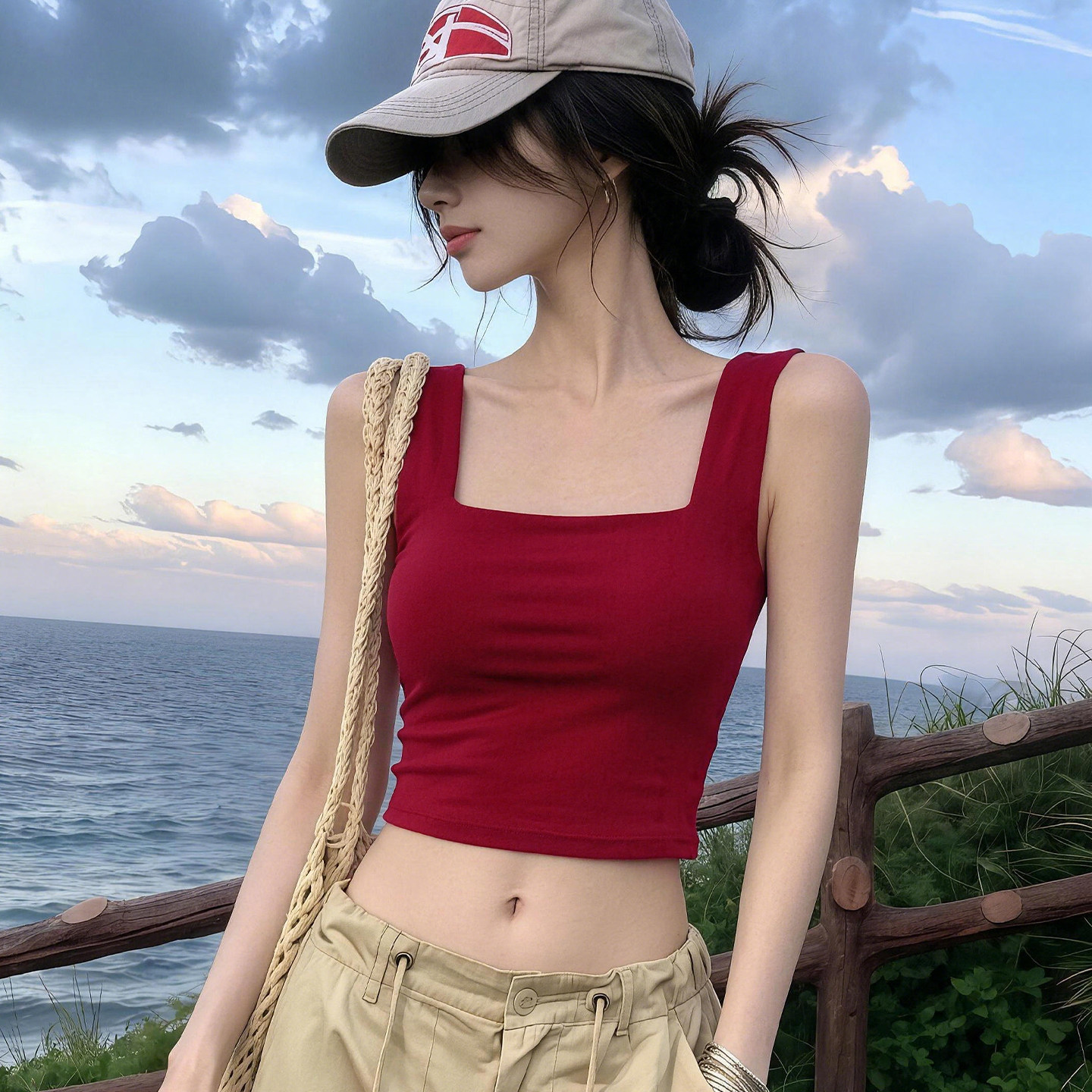 宽肩带吊带无袖小背心女2026年夏季方领修身纯欲短款漏腰肚脐上衣