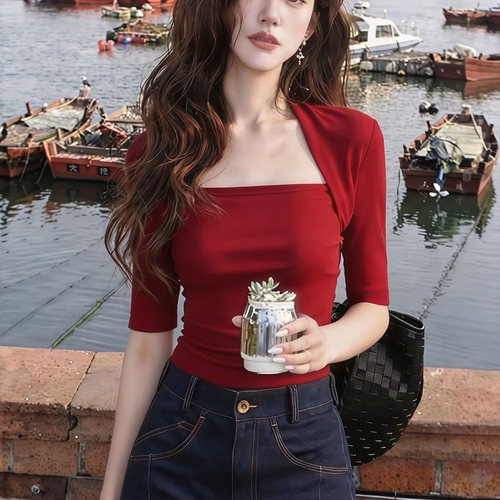 复古港方领中袖修身显瘦T恤女夏