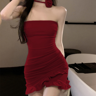 抹胸辣妹性感紧身裙子女法式荷叶边花朵包臀裙夏季复古吊带连衣裙