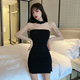 带胸垫可拆卸外穿挂脖裹抹胸吊带裙一字肩连衣裙女紧身性感打底裙
