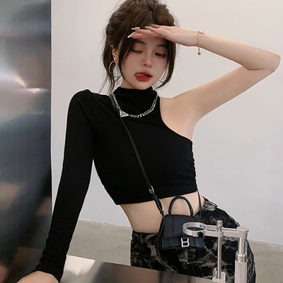 性感单肩长袖短款爵士上衣紧身