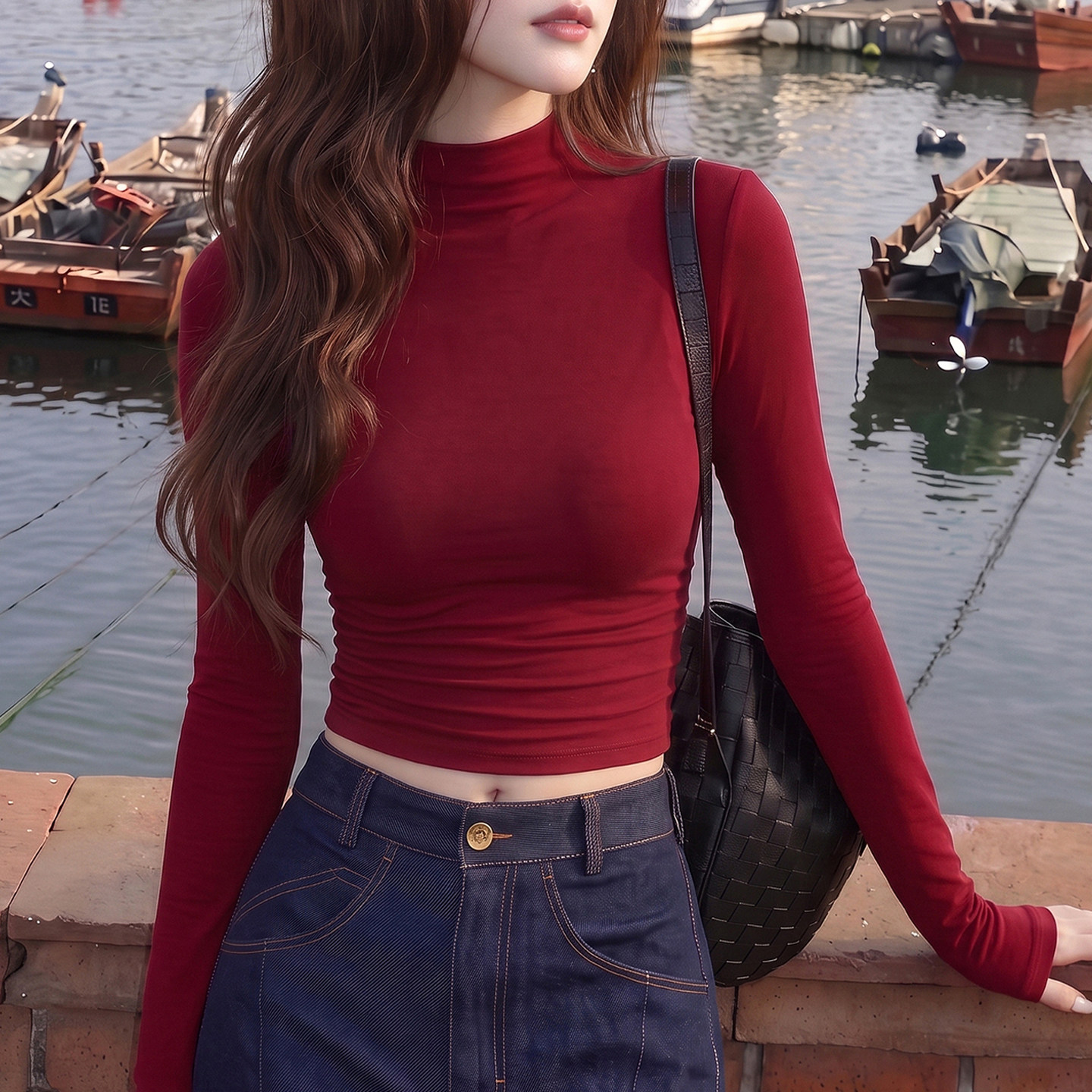 半高领紧身长袖T恤女秋季新款显瘦内搭高级感别致打底衫短款上衣
