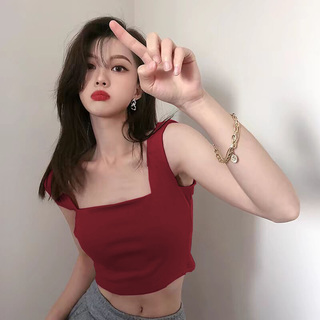 宽肩带吊带无袖小背心女夏季方领遮副乳修身纯欲短款漏腰肚脐上衣
