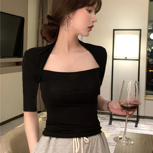 中袖百搭薄方领纯棉女气质显瘦