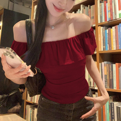 辣妹一字肩荷叶边修身显瘦气质短袖t恤女性感别致露肩上衣设计感