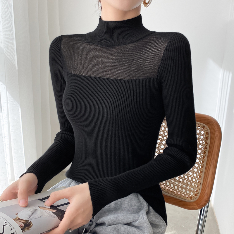 针织衫套头半高领打底镂空毛衣