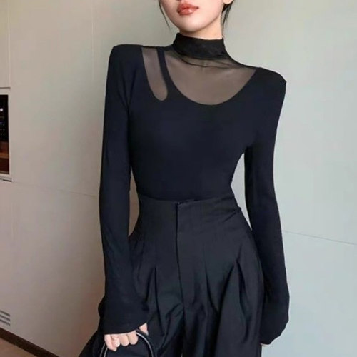 半高领黑色网纱性感打底衫女秋冬