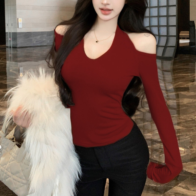 复古辣妹挂脖露肩长袖上衣女棉