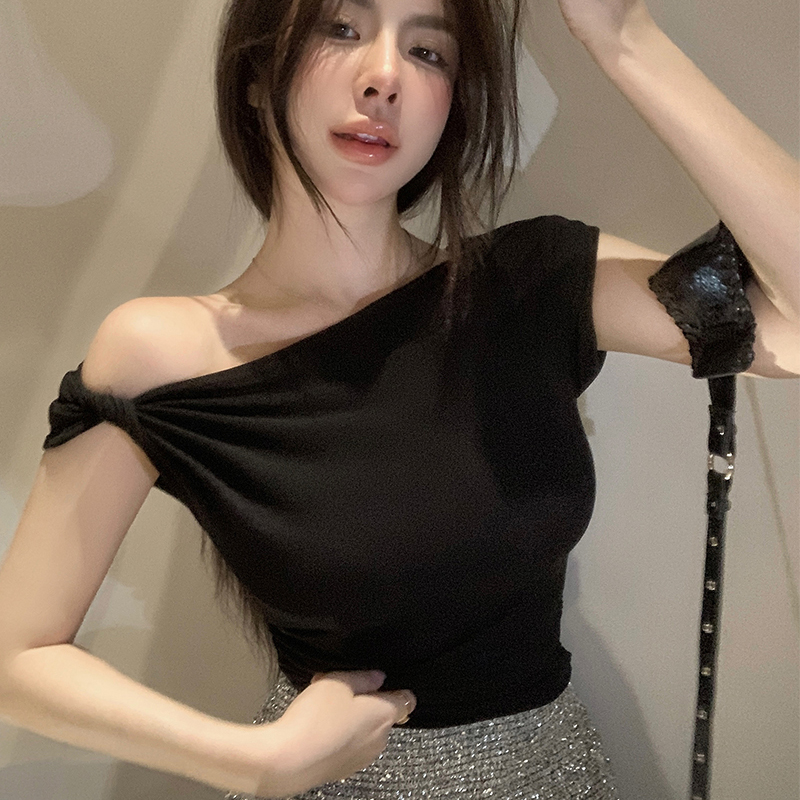 短袖纯欲薄款不规则螺纹棉女斜肩