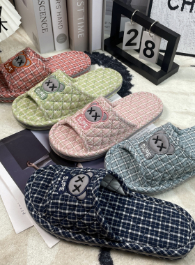 新款纯棉布艺情侣拖鞋女春秋简约韩版家居地板拖静音防滑加厚软底