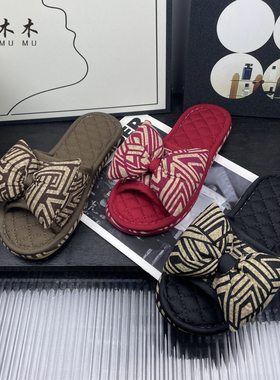 新款情侣布艺加厚拖鞋蝴蝶结软底室内防滑家居静音地板拖四季男女