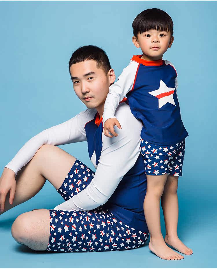 亲子男防晒防辐射短袖五角星套装休闲分体游泳衣成人款爸爸度假