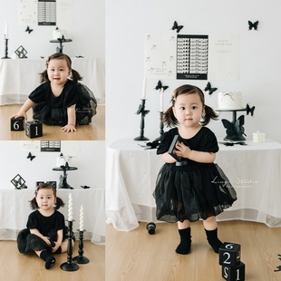 儿童摄影服装黑色系主题宝宝周岁照拍照公主裙一岁生日照场景布置
