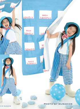 儿童摄影主题服装影楼小童蓝色格子女孩艺术照写真照拍照服装道具