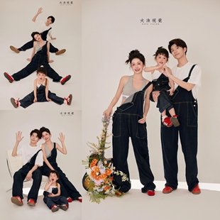 影楼拍照主题一家三口亲子装摄影服装牛仔背带裤小红书同款全家福