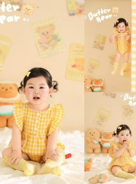儿童摄影服装黄油小熊主题宝宝百天照婴儿周岁影楼写真道具黄色系