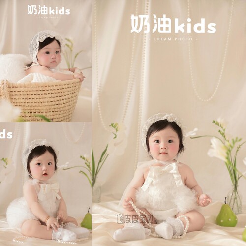 儿童摄影服装奶油风白色蕾丝公主裙婴儿百天照周岁照拍照服装道具