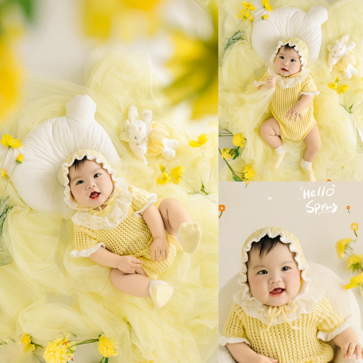 儿童摄影服装百天照周岁宝宝亮色系仿真花道具黄色蕾丝花边针织衣