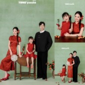 新年新中式 一家三口中国风石榴道具 亲子照全家福红色旗袍摄影服装