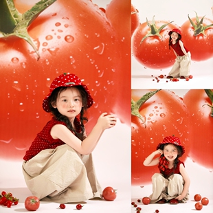 儿童摄影服装红色系女童水果照肖像番茄主题复古拍照服装艺术写真