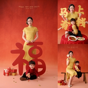 新中式黄色旗袍母子装中国风复古新年亲子装母子礼服套装新年背景