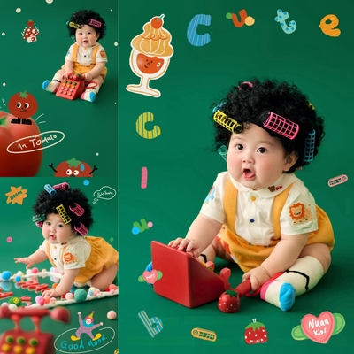 小红书款儿童摄影服装烫发假发套宝宝百天照周岁照拍照服装道具