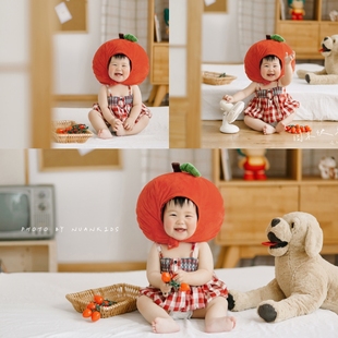 新款 搞怪水果头套苹果宝宝百天照周岁照拍照服装 道具 儿童摄影服装