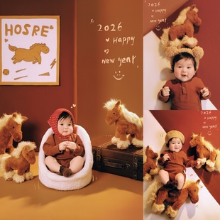 儿童摄影服装复古焦糖色男女宝宝百天周岁照拍照服装婴儿一岁生日