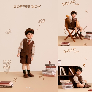 儿童摄影服装复古美拉德风格男女宝宝拍照服装西装绅士马甲套装