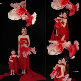 红色亲子装母女抹胸锦鲤亲子装母女氛围感写真摄影服装新年主题