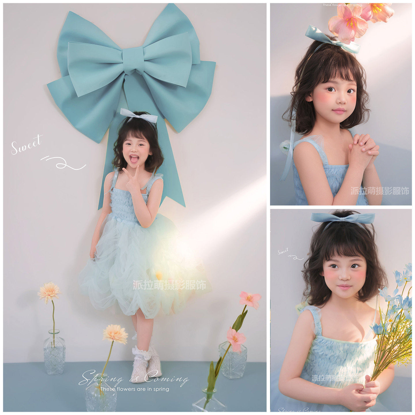 新款蒂芙尼蓝蝴蝶结主题纱裙女童拍照小清新春季公主裙影楼写真照