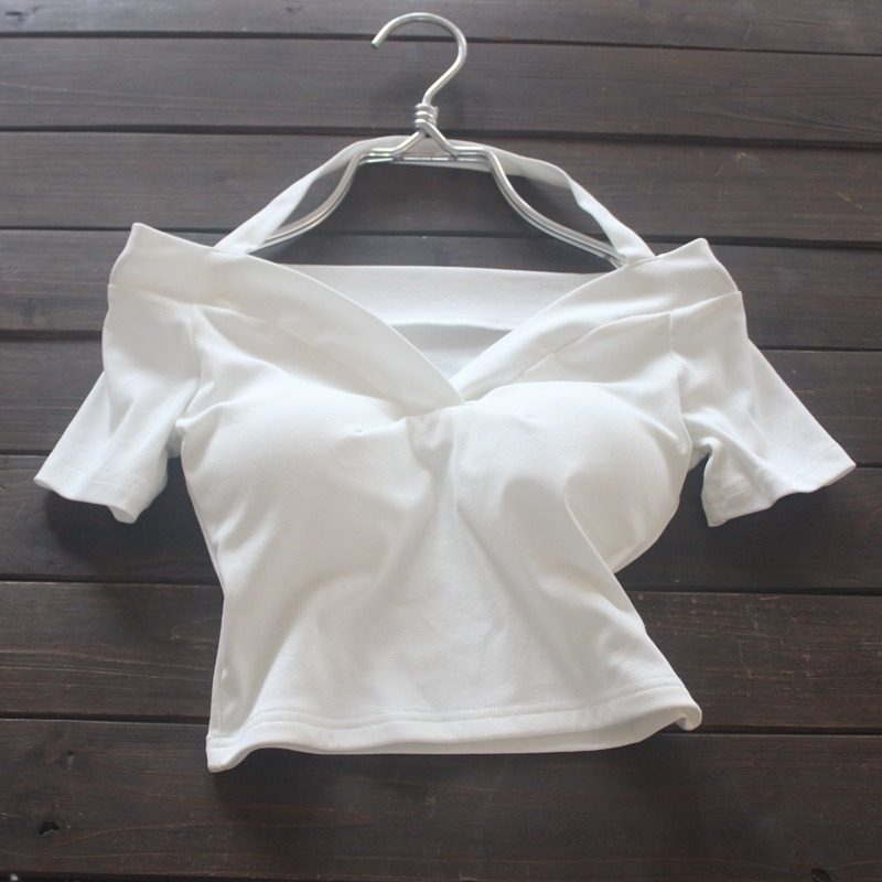 挂脖一字肩纯棉T恤短袖春夏季含胸垫露脐短款紧身性感甜辣妹上衣,女装/女士精品,T恤,淘宝优惠券,粉丝福利购,淘宝优惠卷