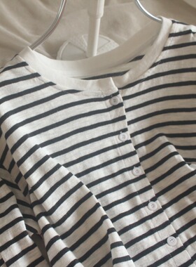 森女条纹纯棉针织衫春秋日系宽松上衣松弛感大码夏秋日常纽扣开衫