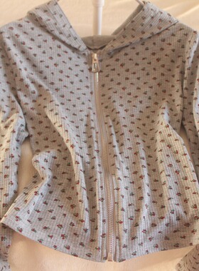 森女日系小碎花拉链针织衫大码修身显瘦连帽短外套秋季长袖上衣女