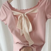 小衫 甜美蝴蝶结系带短袖 圆领夏季 露背气质纯棉短袖 文艺奶茶女 T恤