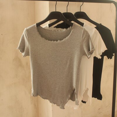 不规则开叉修身风灰色木耳t恤