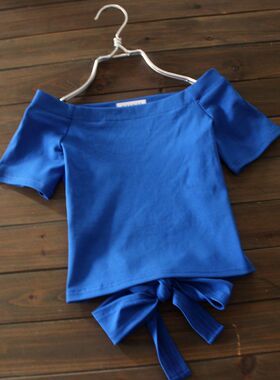 纯棉性感一字领紧身T恤女 露脐绑带露背上衣辣妹纯色短袖针织小衫