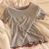 小碎花森女正肩T恤修身 显瘦胖子大码 木耳边圆领短袖 2026夏季 小衫