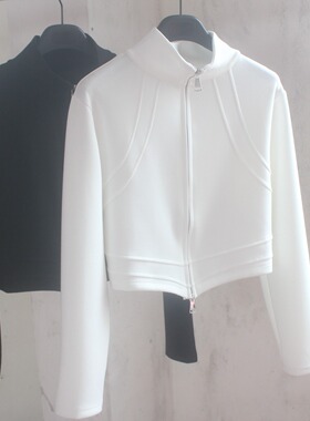 春秋外套拉链短款立领白色上衣设计感洋气显瘦时尚春秋衫黑色长袖