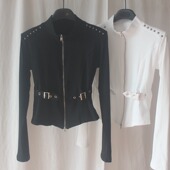 立领针织短外套修身 短款 拉链衫 马术骑士风长袖 高腰显瘦薄上衣女装