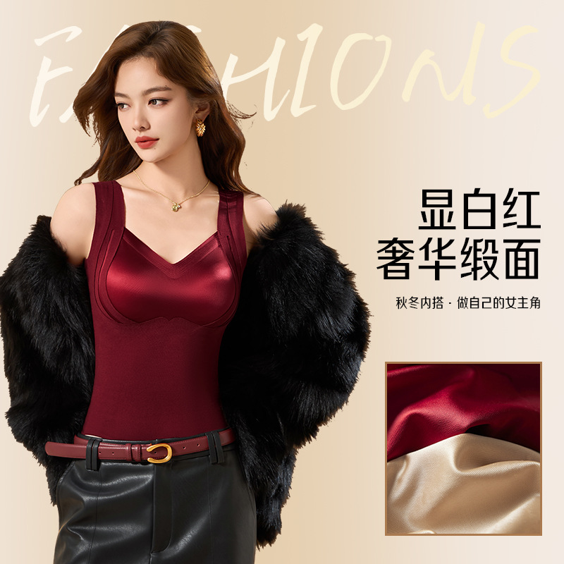 秋冬新款女性感蕾丝V领小飞袖紧致提腹塑性一体磨毛保暖打底背心