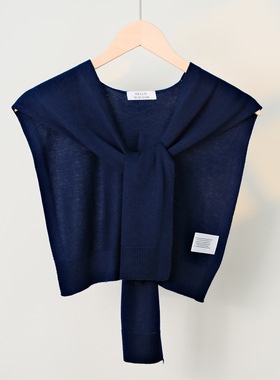 自留藏青色羊毛混纺针织披肩女外搭2025新款时尚打结衬衫小坎肩女