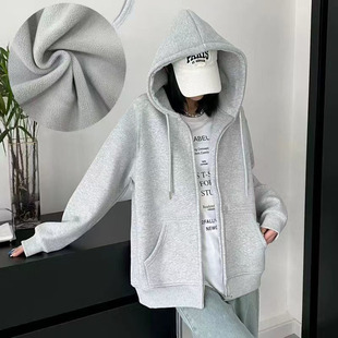 加绒加厚秋冬正肩常规短款休闲卫衣外穿连帽开衫拉链外套长袖女