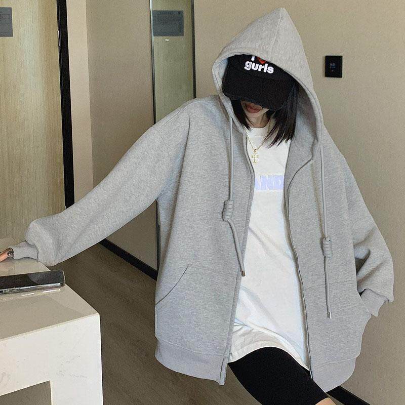春秋宽松重磅高品质沐棉休闲时尚灰色外套百搭连帽卫衣拉链开衫女