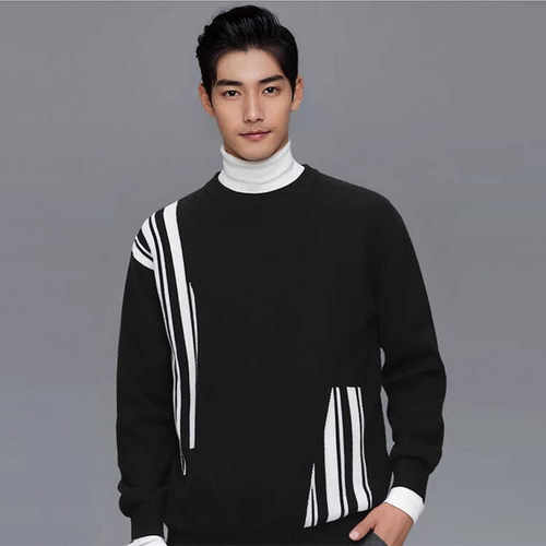 100%纯羊绒加厚条纹经典打底衫