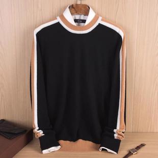 冬季圆领羊绒衫男100纯羊绒条纹青年套头拼接打底毛衣男士羊毛衫